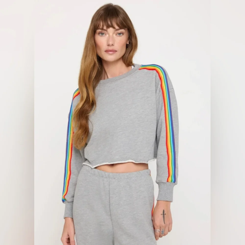 Spiritual Gangster Cropped Sweatshirt W Vibrant Rainbow Stripes- In Heather Gray - Picture 1 of 9